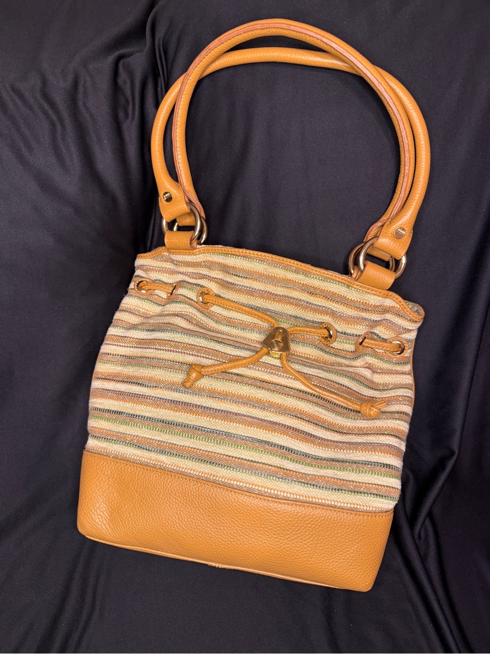 BODHI Tan Lather & Woven Striped Bucket Bag — Boho Shoulder Tote